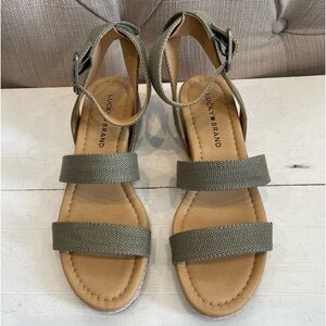 Lucky Brand Wensdei Cork Wedge Espadrille Sandals Womens 7M Green Woven Strappy